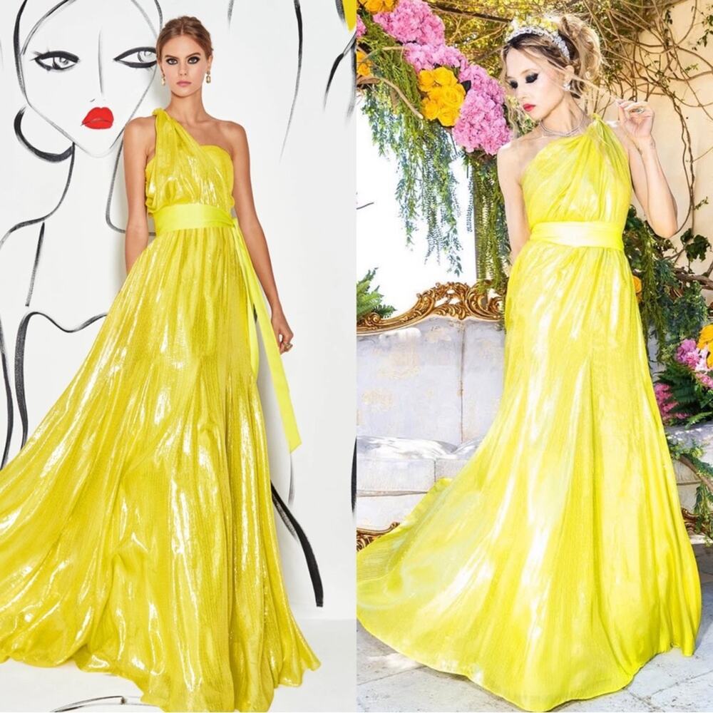 ALICE + OLIVIA Milan One Shoulder Metallic Pleated Waist Bow Maxi Gown Size 10